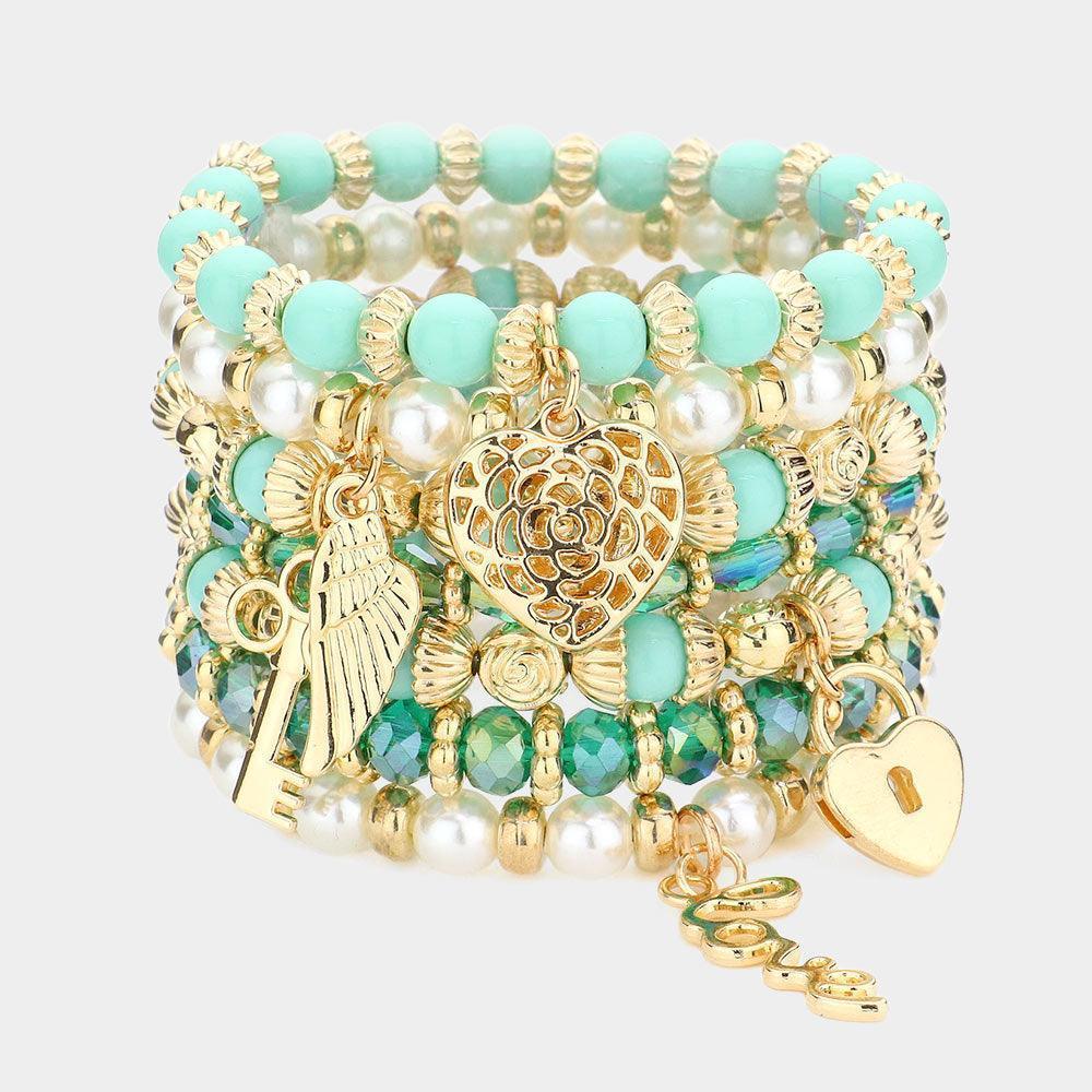 Turquoise 7PCS Multi Beaded Dangle Pendant Stretch Layered Bracelets - Jewelry Store by Erik Rayo