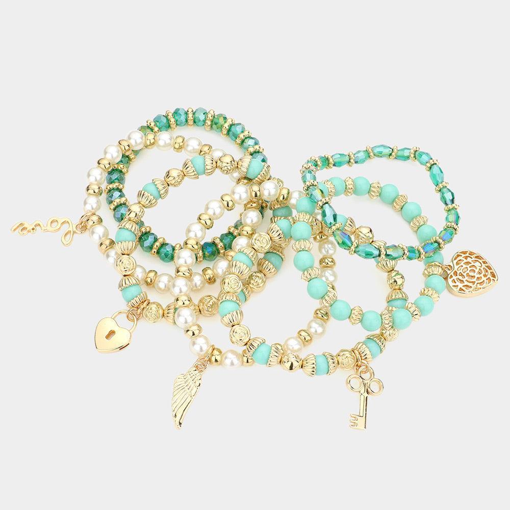 Turquoise 7PCS Multi Beaded Dangle Pendant Stretch Layered Bracelets - Jewelry Store by Erik Rayo