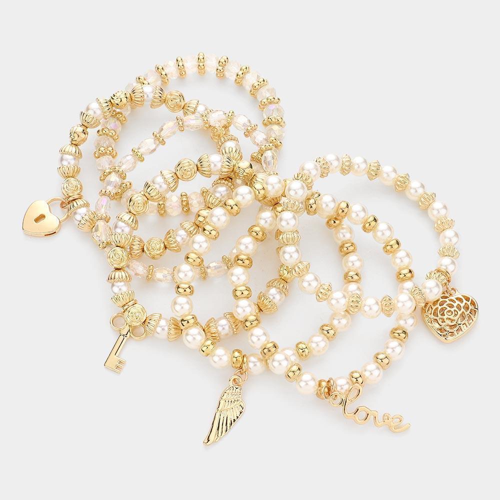 White 7PCS - Multi Beaded Dangle Pendant Stretch Layered Bracelets - Jewelry Store by Erik Rayo
