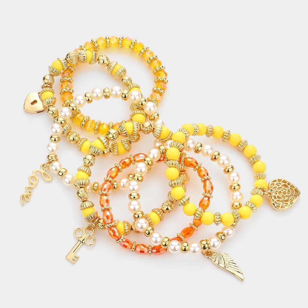 Yellow 7PCS - Multi Beaded Dangle Pendant Stretch Layered Bracelets - Jewelry Store by Erik Rayo