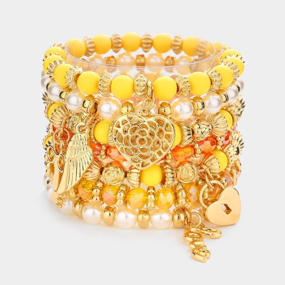 Yellow 7PCS - Multi Beaded Dangle Pendant Stretch Layered Bracelets - Jewelry Store by Erik Rayo