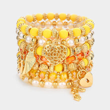 Load image into Gallery viewer, Yellow 7PCS - Multi Beaded Dangle Pendant Stretch Layered Bracelets
