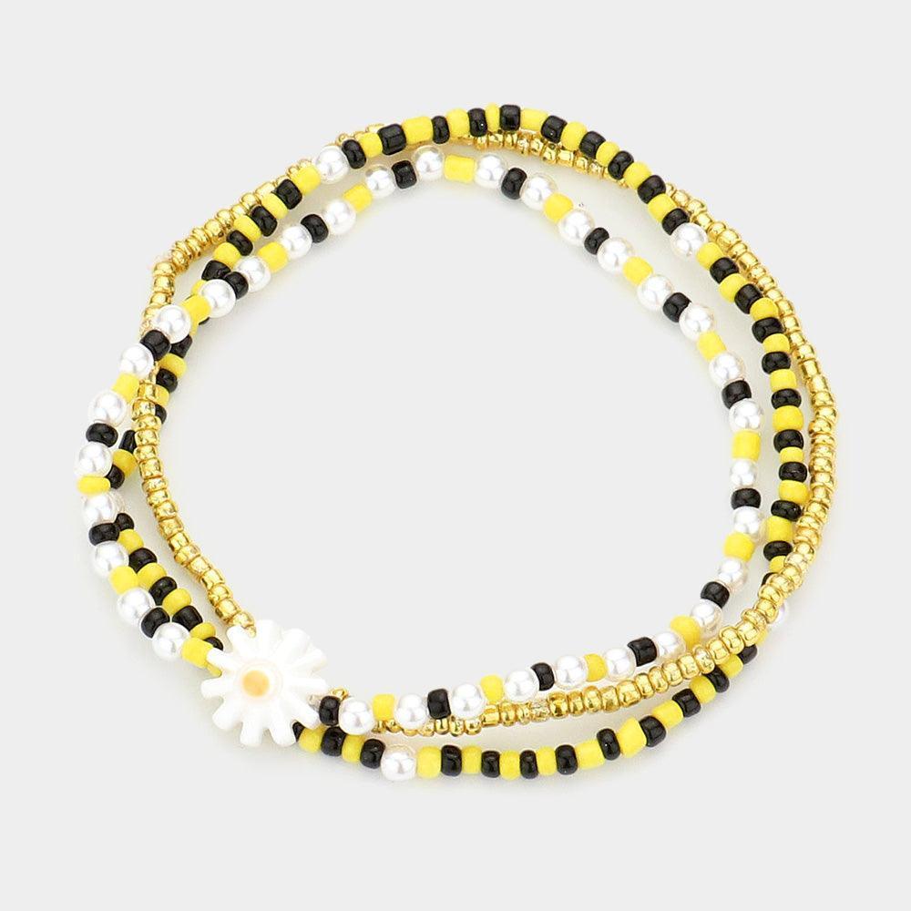 Yellow 3PCS Flower Accented Pearl Seed Beaded Stretch Bracelets - Jewelry Store by Erik Rayo