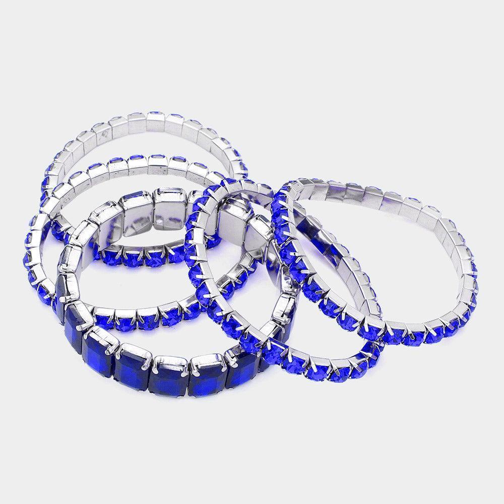 Blue 5PCS - Emerald Cut Round Stone Stretch Evening Bracelets - Jewelry Store by Erik Rayo