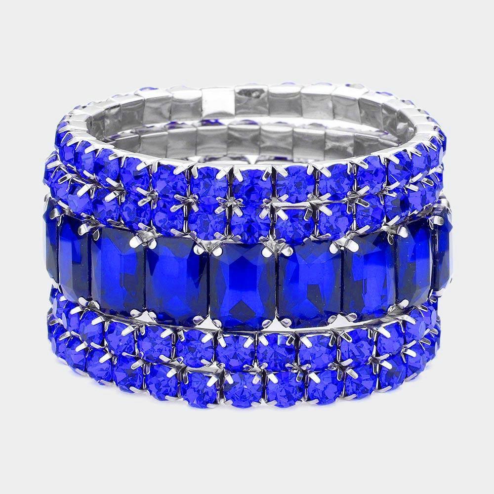 Blue 5PCS - Emerald Cut Round Stone Stretch Evening Bracelets - Jewelry Store by Erik Rayo