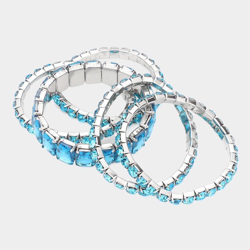 Aqua 5PCS - Emerald Cut Round Stone Stretch Evening Bracelets - Jewelry Store by Erik Rayo