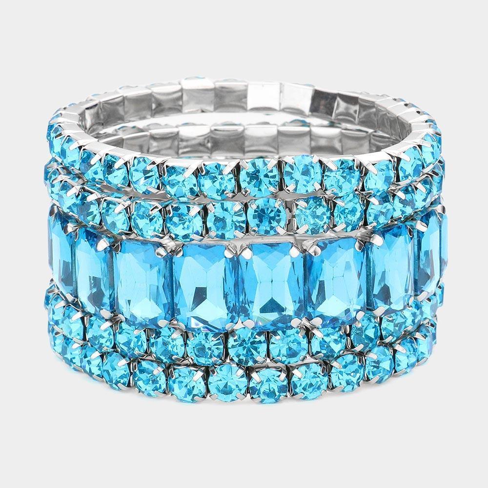 Aqua 5PCS - Emerald Cut Round Stone Stretch Evening Bracelets - Jewelry Store by Erik Rayo