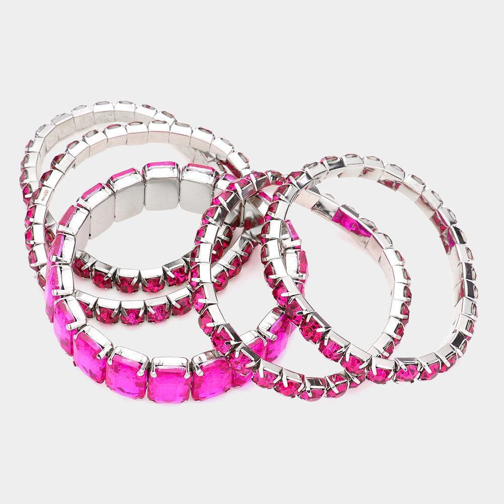 Fuchsia 5PCS - Emerald Cut Round Stone Stretch Evening Bracelets - Jewelry Store by Erik Rayo
