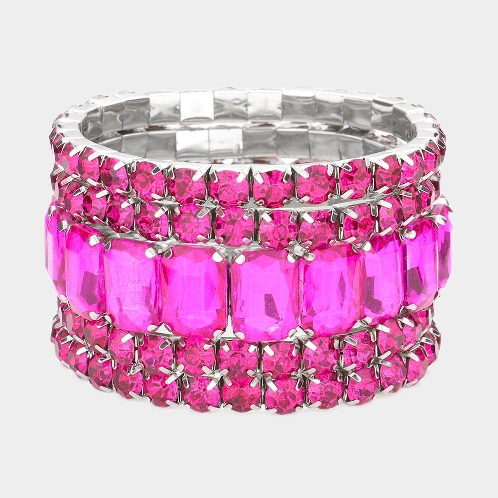 Fuchsia 5PCS - Emerald Cut Round Stone Stretch Evening Bracelets - Jewelry Store by Erik Rayo