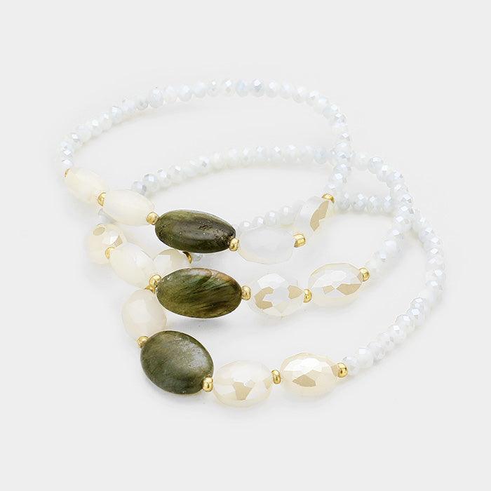 Gray 3PCS Oval Semi Precious Accented Stretch Layered Bracelets - Jewelry Store by Erik Rayo