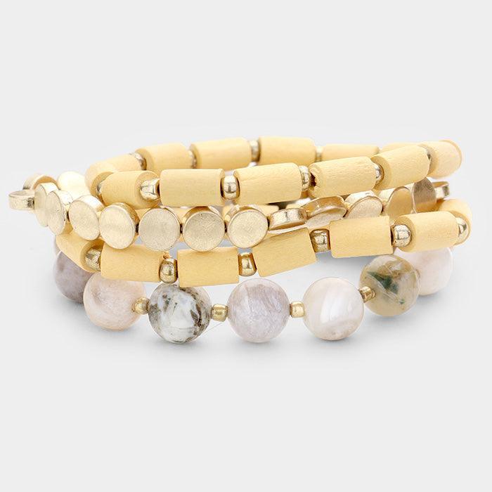 4PCS Semi Precious Wood Bead Stretch Bracelets - Jewelry Store by Erik Rayo