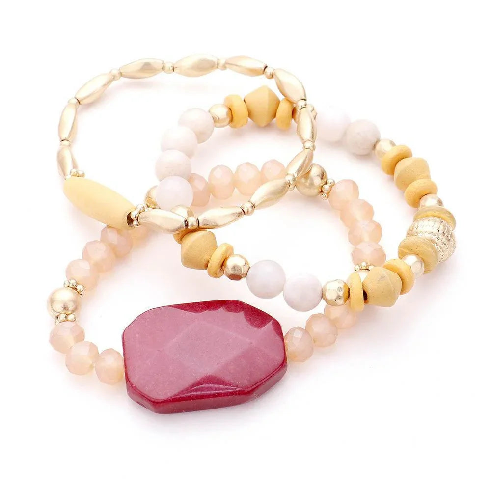Red 3PCS Semi Precious Detail Stretch Bracelets - Jewelry Store by Erik Rayo