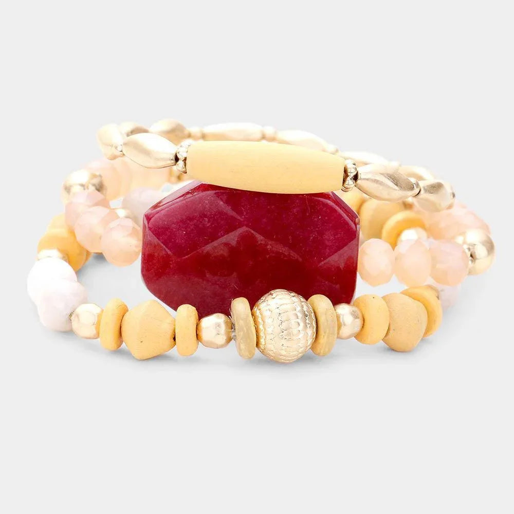 Red 3PCS Semi Precious Detail Stretch Bracelets - Jewelry Store by Erik Rayo