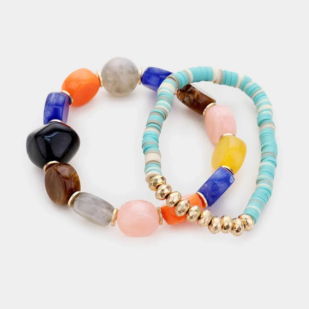 Green 2PCS Colorful Stone Disc Bead Metal Stretch Bracelets - Jewelry Store by Erik Rayo