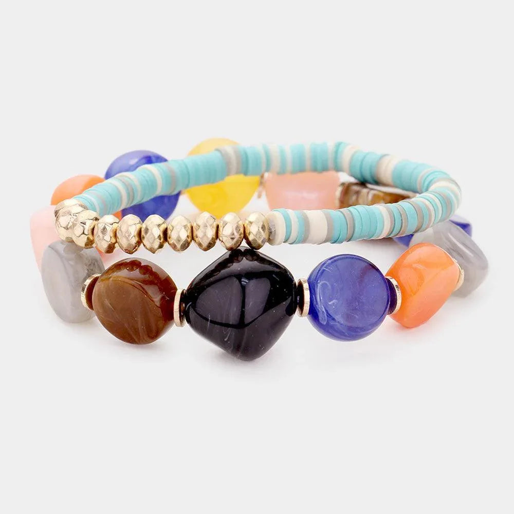 Green 2PCS Colorful Stone Disc Bead Metal Stretch Bracelets - Jewelry Store by Erik Rayo