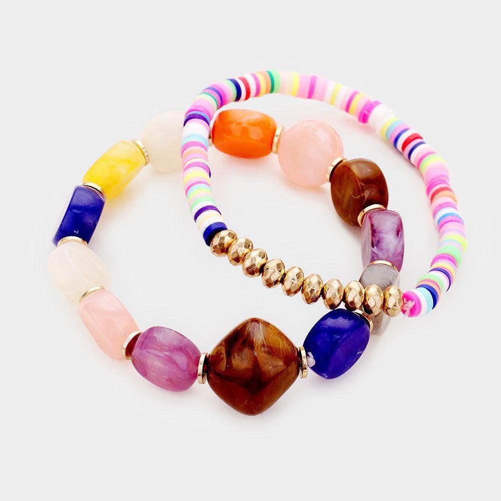 Gold 2PCS Colorful Stone Disc Bead Metal Stretch Bracelets - Jewelry Store by Erik Rayo