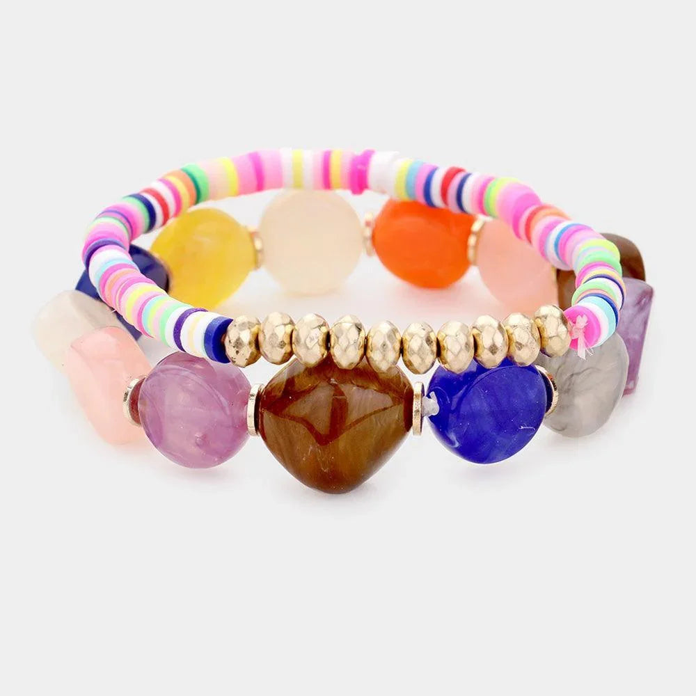 Gold 2PCS Colorful Stone Disc Bead Metal Stretch Bracelets - Jewelry Store by Erik Rayo