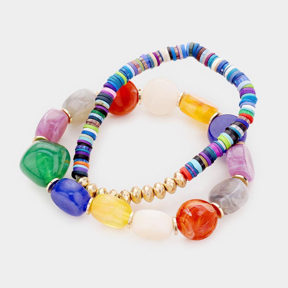 Gold 2PCS Colorful Stone Disc Bead Metal Stretch Bracelets - Jewelry Store by Erik Rayo