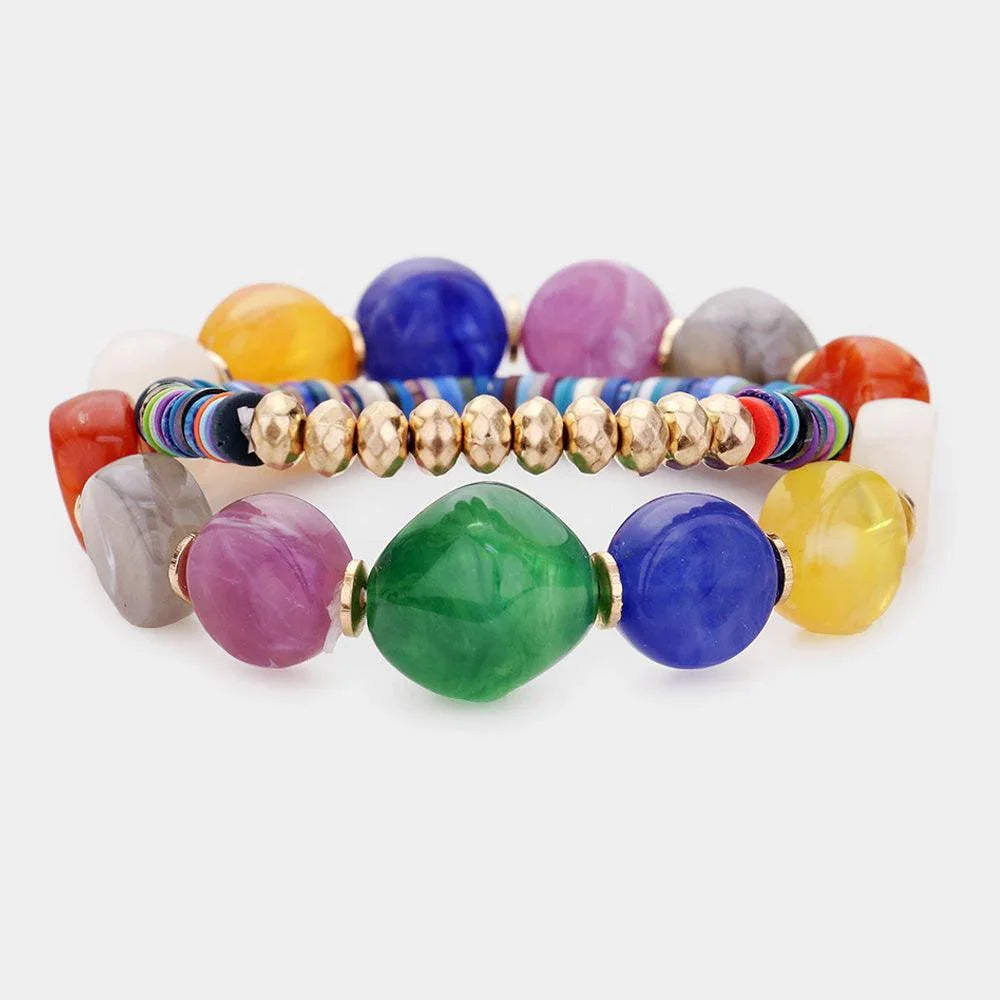 Gold 2PCS Colorful Stone Disc Bead Metal Stretch Bracelets - Jewelry Store by Erik Rayo