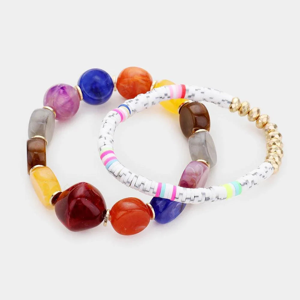 White 2PCS Colorful Stone Disc Bead Metal Stretch Bracelets - Jewelry Store by Erik Rayo