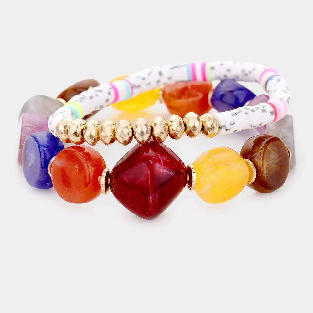 White 2PCS Colorful Stone Disc Bead Metal Stretch Bracelets - Jewelry Store by Erik Rayo