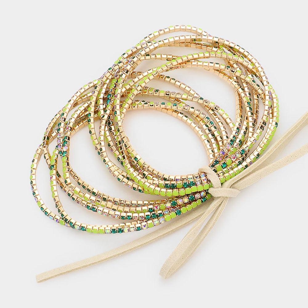Gold 12PCS Ribbon Colorful Rhinestone Layered Stretch Bracelets - Jewelry Store by Erik Rayo