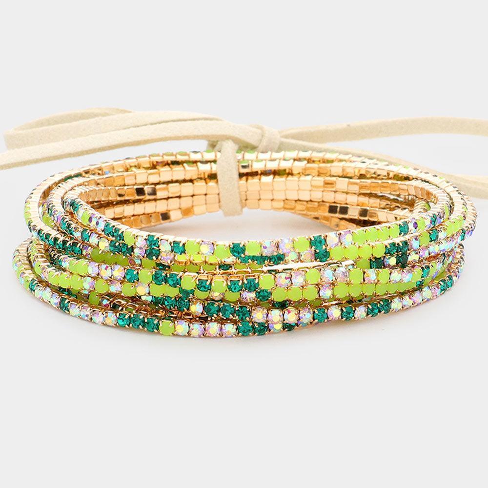 Gold 12PCS Ribbon Colorful Rhinestone Layered Stretch Bracelets - Jewelry Store by Erik Rayo