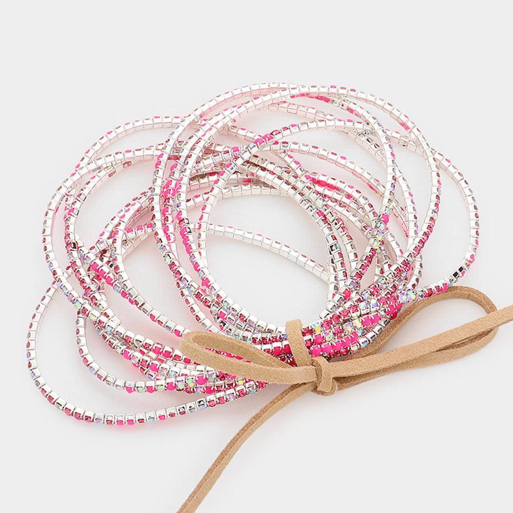 Silver 12PCS Ribbon Colorful Rhinestone Layered Stretch Bracelets - Jewelry Store by Erik Rayo