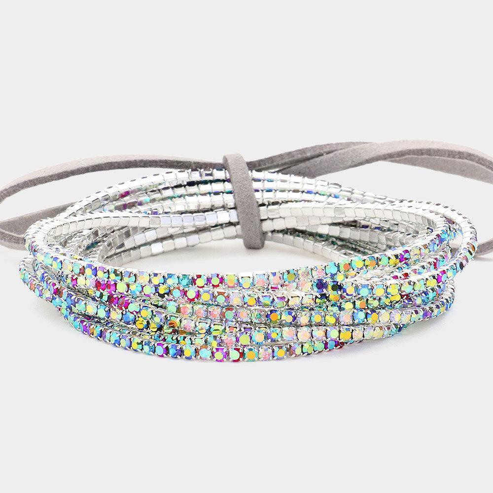 Silver 12PCS Ribbon Colorful Rhinestone Layered Stretch Bracelets - Jewelry Store by Erik Rayo