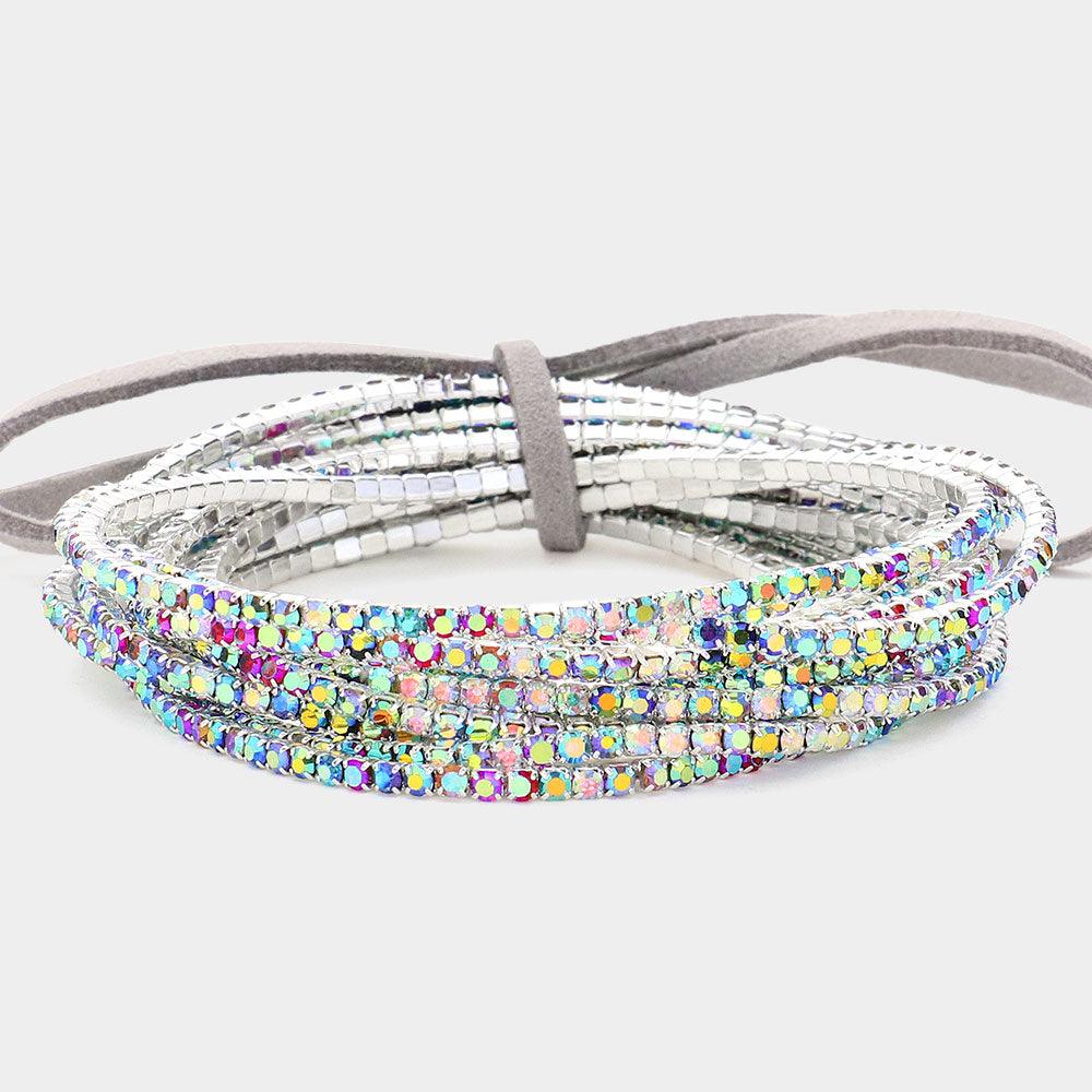 Silver 12PCS  Ribbon Colorful Rhinestone Layered Stretch Bracelets