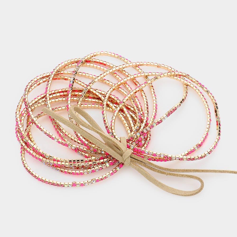Pink 12PCS Ribbon Colorful Rhinestone Layered Stretch Bracelets - Jewelry Store by Erik Rayo