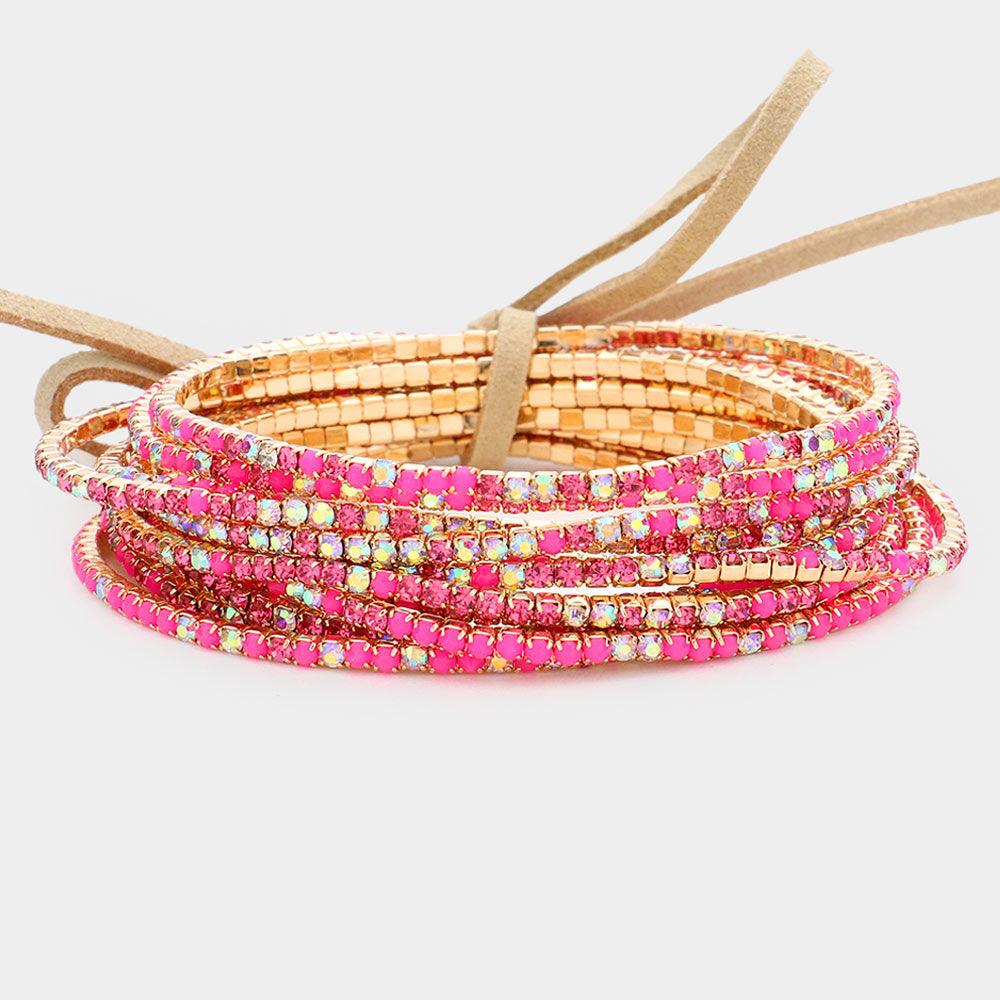 Pink 12PCS  Ribbon Colorful Rhinestone Layered Stretch Bracelets