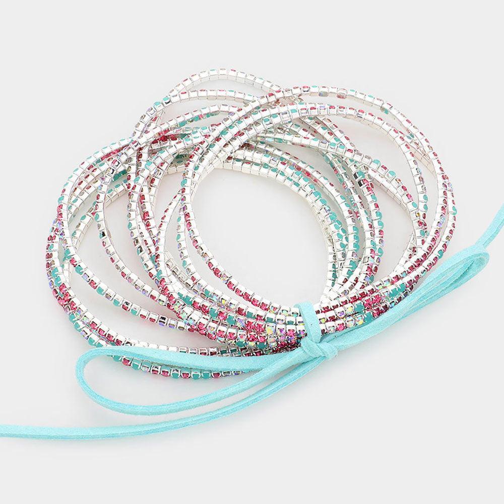 Turquoise 12PCS Ribbon Colorful Rhinestone Layered Stretch Bracelets - Jewelry Store by Erik Rayo