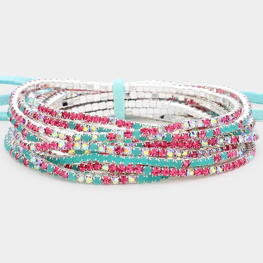 Turquoise 12PCS  Ribbon Colorful Rhinestone Layered Stretch Bracelets