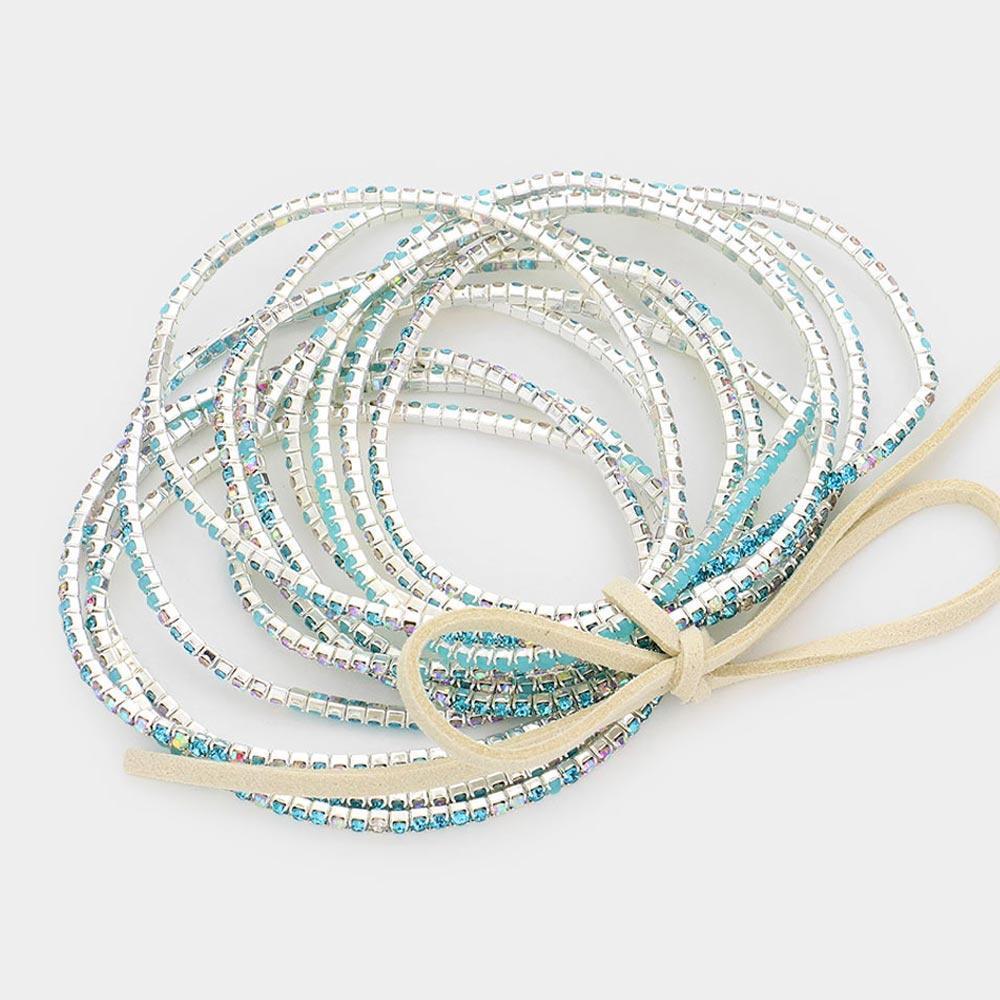 Aqua 12PCS Ribbon Colorful Rhinestone Layered Stretch Bracelets - Jewelry Store by Erik Rayo