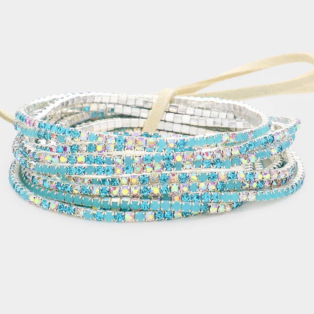 Aqua 12PCS Ribbon Colorful Rhinestone Layered Stretch Bracelets - Jewelry Store by Erik Rayo