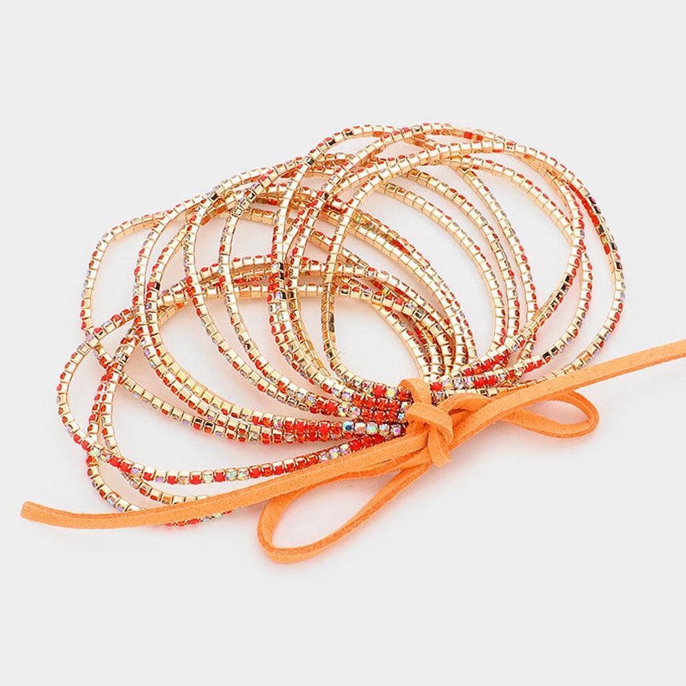 Orange 12PCS Ribbon Colorful Rhinestone Layered Stretch Bracelets - Jewelry Store by Erik Rayo