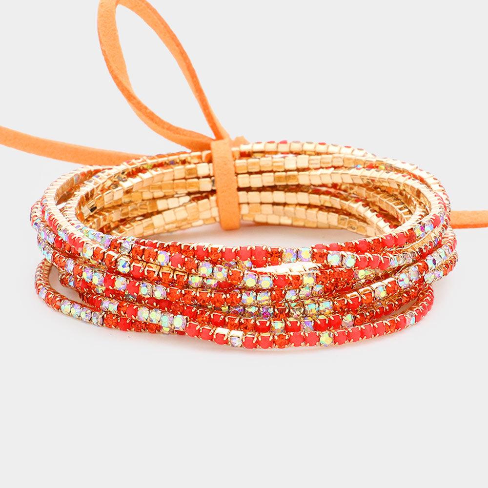 Orange 12PCS  Ribbon Colorful Rhinestone Layered Stretch Bracelets