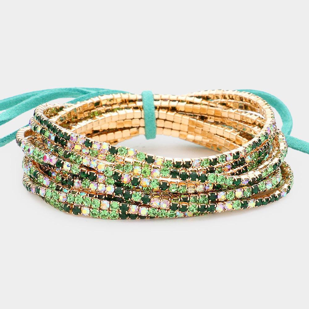 Gold 12PCS Ribbon Colorful Rhinestone Layered Stretch Bracelets - Jewelry Store by Erik Rayo