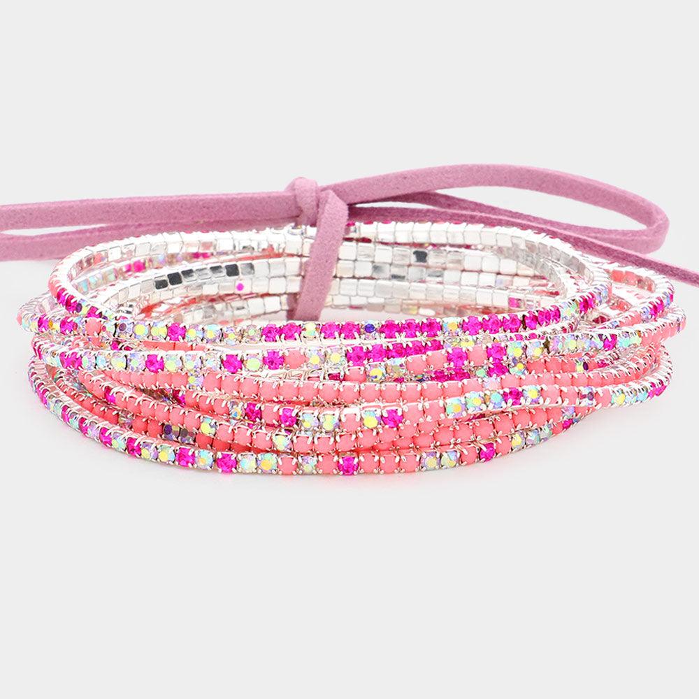 Red 12PCS  Ribbon Colorful Rhinestone Layered Stretch Bracelets