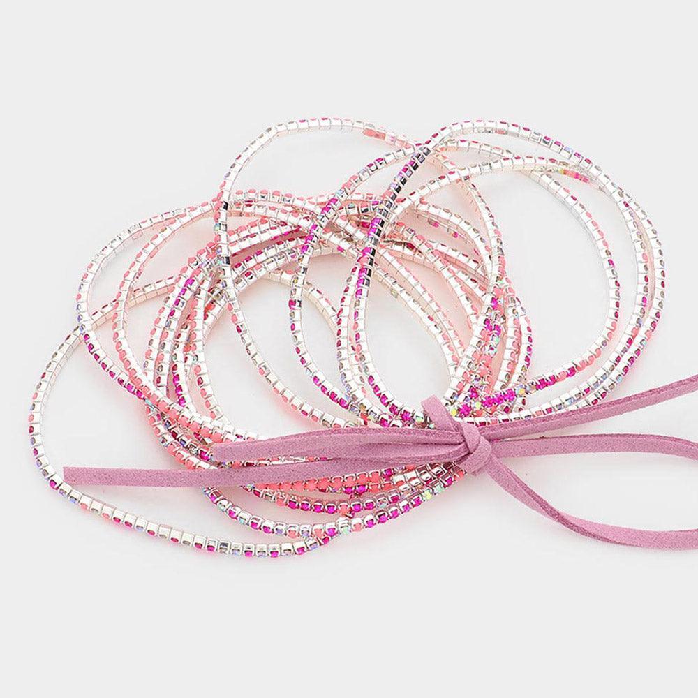 Red 12PCS Ribbon Colorful Rhinestone Layered Stretch Bracelets - Jewelry Store by Erik Rayo