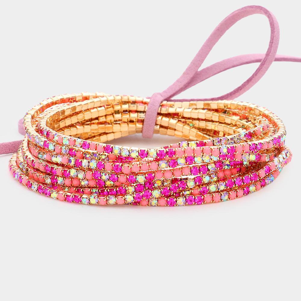Red 12PCS Ribbon Colorful Rhinestone Layered Stretch Bracelets - Jewelry Store by Erik Rayo