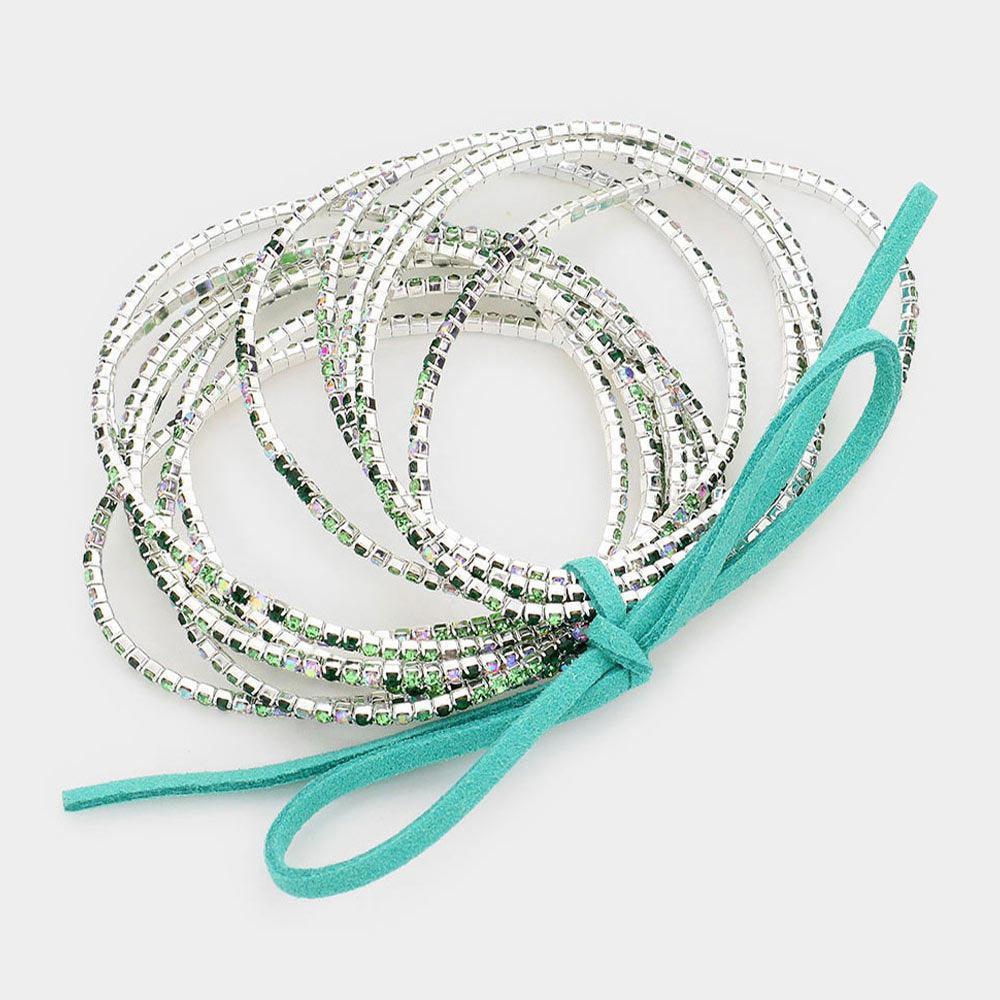 Silver 12PCS Ribbon Colorful Rhinestone Layered Stretch Bracelets - Jewelry Store by Erik Rayo