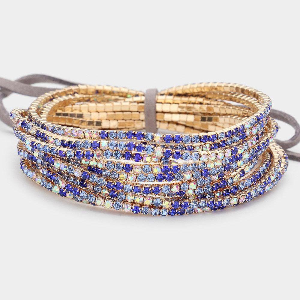 Blue 12PCS - Ribbon Colorful Rhinestone Layered Stretch Bracelets - Jewelry Store by Erik Rayo