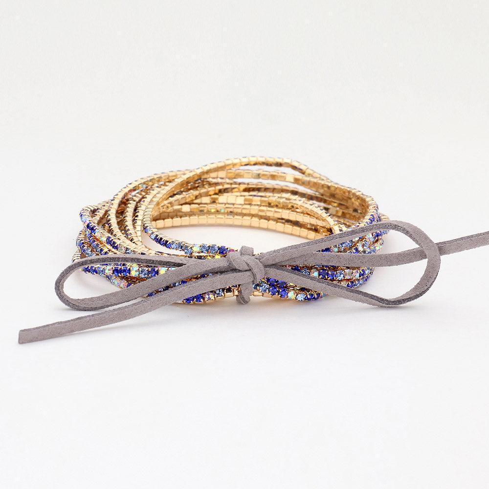 Blue 12PCS - Ribbon Colorful Rhinestone Layered Stretch Bracelets - Jewelry Store by Erik Rayo