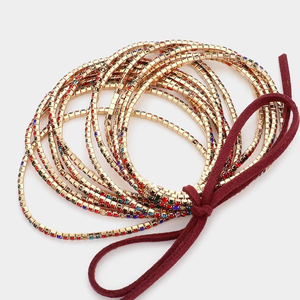12PCS - Ribbon Colorful Rhinestone Layered Stretch Bracelets - Jewelry Store by Erik Rayo
