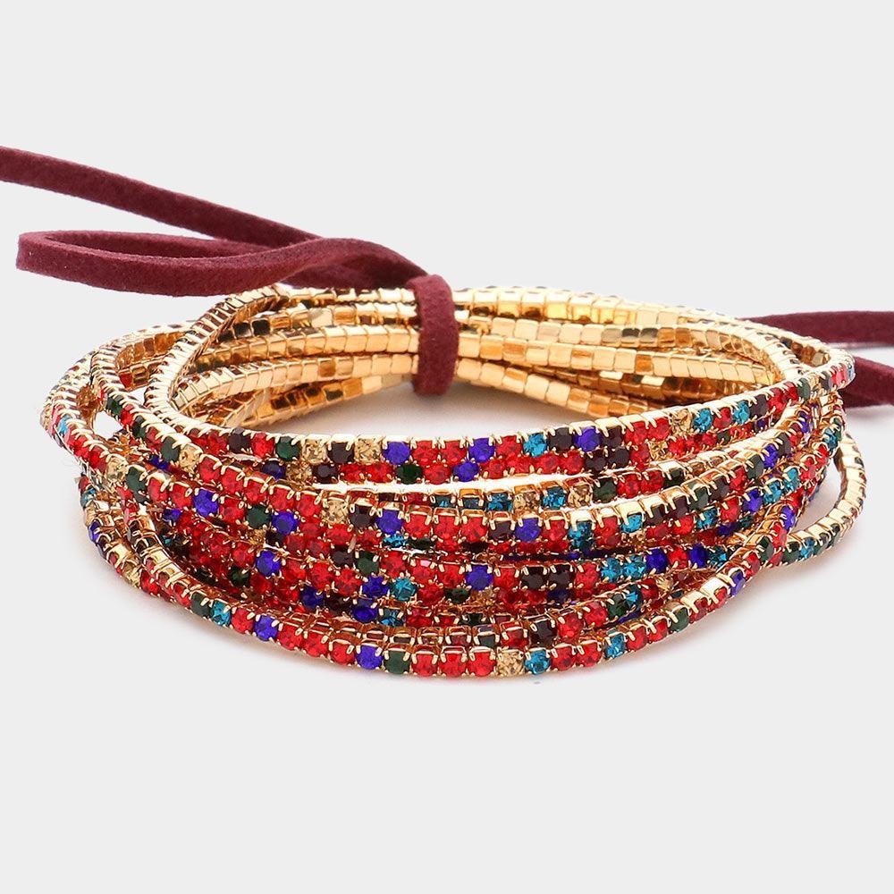 12PCS - Ribbon Colorful Rhinestone Layered Stretch Bracelets - Jewelry Store by Erik Rayo