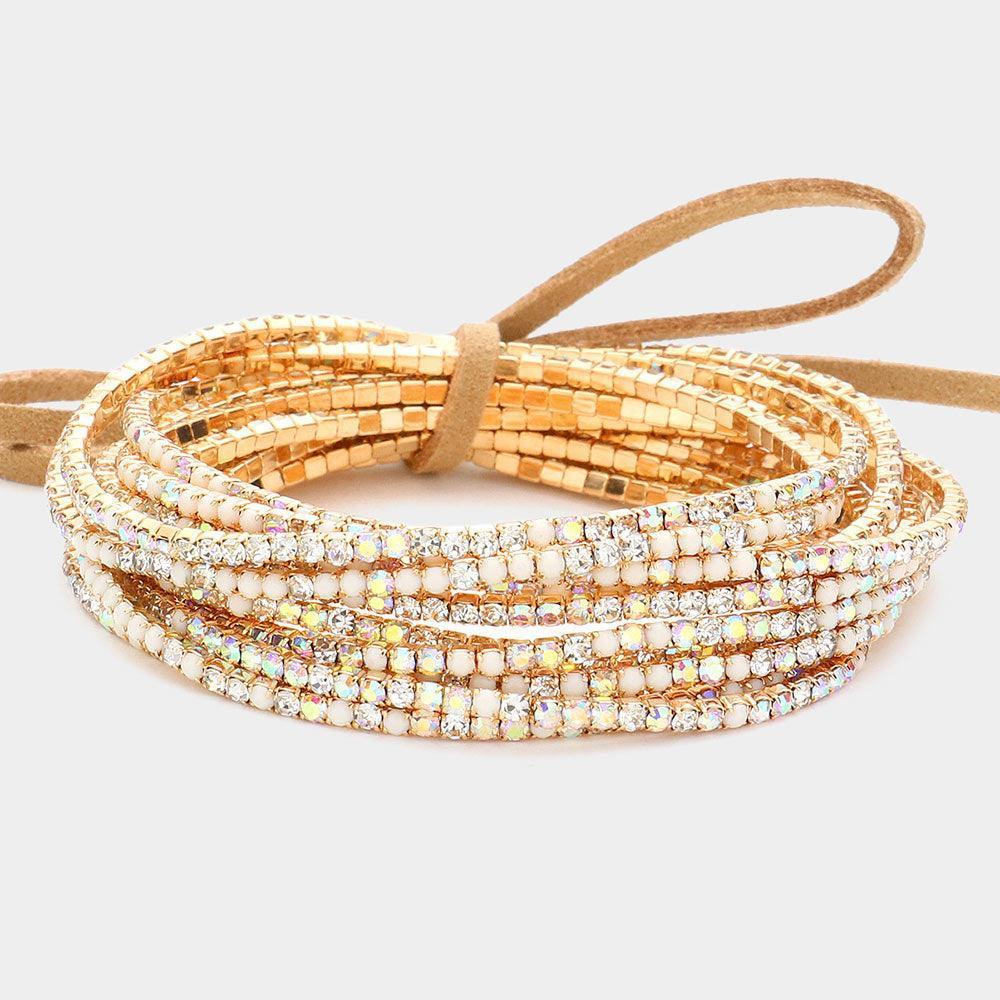 12PCS - Ribbon Colorful Rhinestone Layered Stretch Bracelets - Jewelry Store by Erik Rayo