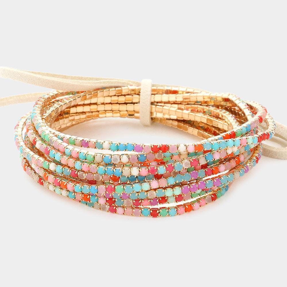 12PCS - Ribbon Colorful Rhinestone Layered Stretch Bracelets - Jewelry Store by Erik Rayo