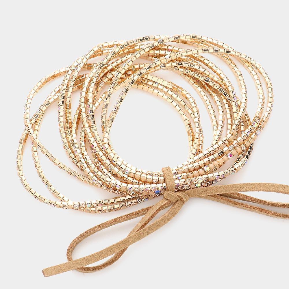 Gold 12PCS Ribbon Colorful Rhinestone Layered Stretch Bracelets - Jewelry Store by Erik Rayo